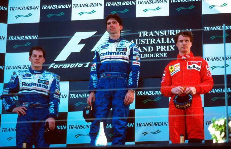 Damon-Hill-and-Jacques-Villeneuve-Williams-FW18-Eddie-Irvine-Ferrari-Australian-GP-F1-1996-podium-Photo-Williams